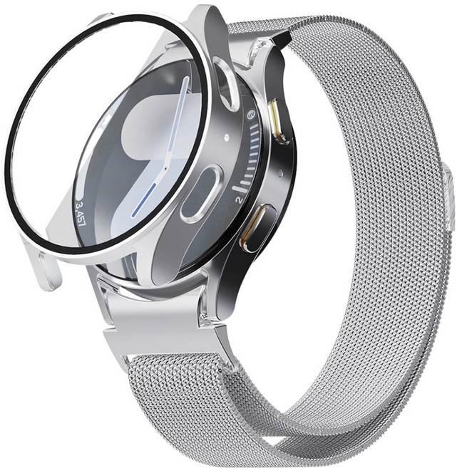KANTAM Galaxy Watch 米蘭尼斯金屬錶帶 + 全包覆保護殼組合, 銀色