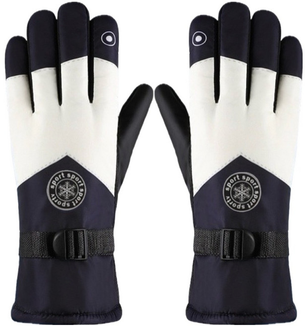 에이브릭 미끄럼방지 따뜻한 방풍 방수 스키장갑 양손착용 세트, 블루 화이트 원형 라벨, 1세트