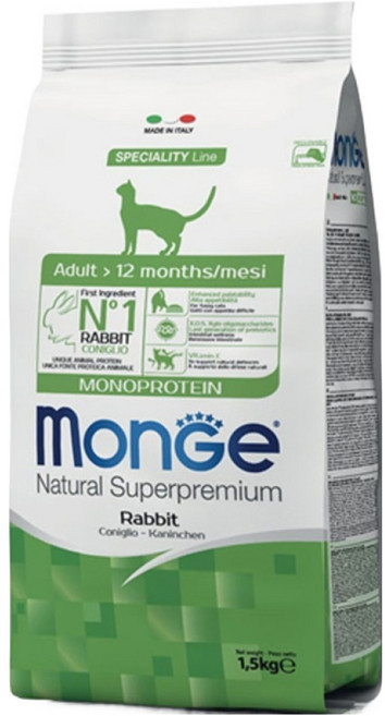 몬지 어덜트 고양이 내추럴 슈퍼프리미엄 모노프로틴 건식사료, 토끼, 1.5kg, 1개