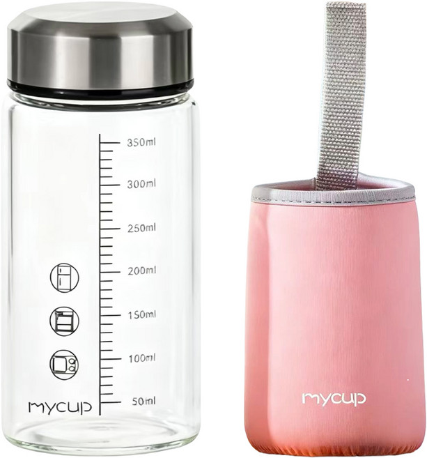 德利生活 刻度玻璃便攜牛奶杯 + 隔熱杯套, 透明色, 350ml, 1個