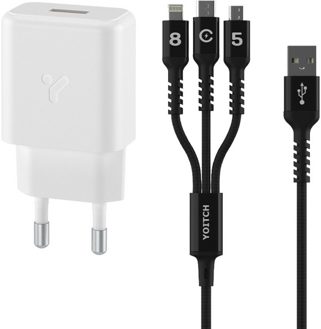 요이치 18w 고속 충전기 3in1 베타 S 멀티케이블, 화이트, 1개