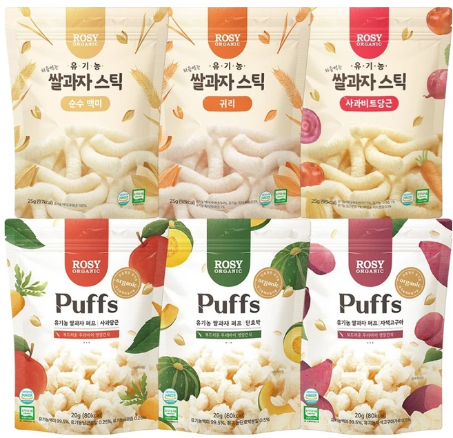로지오가닉 유기농 쌀과자 퍼프 6종세트, 혼합맛(사과/당근), 단호박, 자색고구마, 귀리, 백미, 혼합맛(사과/비트/당근), 1세트 - 쿠팡