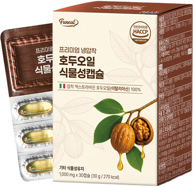 Funeat 頂級冷壓核桃油植物性膠囊, 1個, 30錠