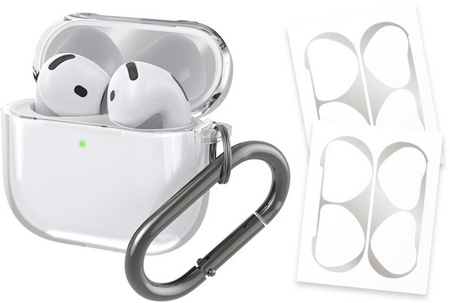 리아몬트 에어팟 투명 케이스 변색방지 TPU 클리어 + 철가루 방지 스티커 2p 세트, 1세트, 투명(케이스), 실버(스티커), 에어팟 4세대
