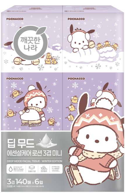 깨끗한나라 포차코 겨울에디션 딥무드 에센셜케어 로션 미용티슈 미니 3겹, 6개, 140개입