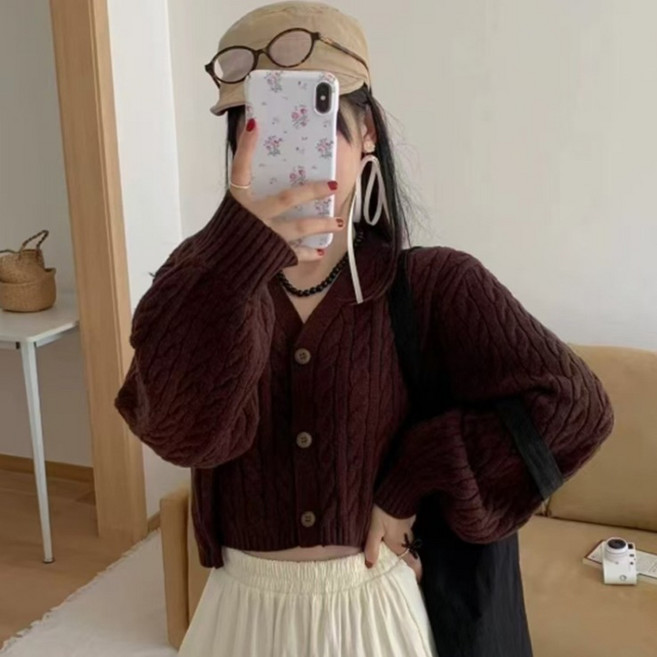 PEONIST 女款麻花針織扭結半短版開襟衫