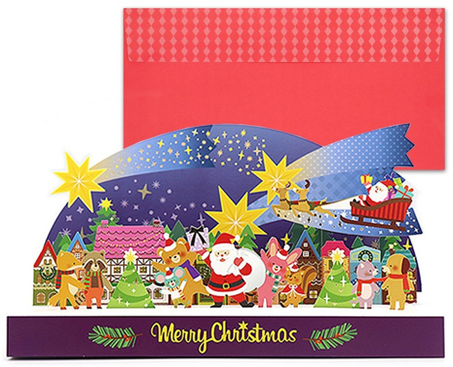 마음담아 크리스마스 타운 빌리지 입체카드 + 봉투 세트, 혼합색상(카드), 빨간색(봉투), 1세트
