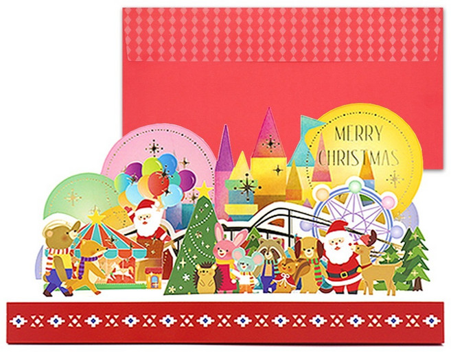 마음담아 크리스마스 타운 놀이동산 입체카드 + 봉투 세트, 혼합색상(카드), 빨간색(봉투), 1세트