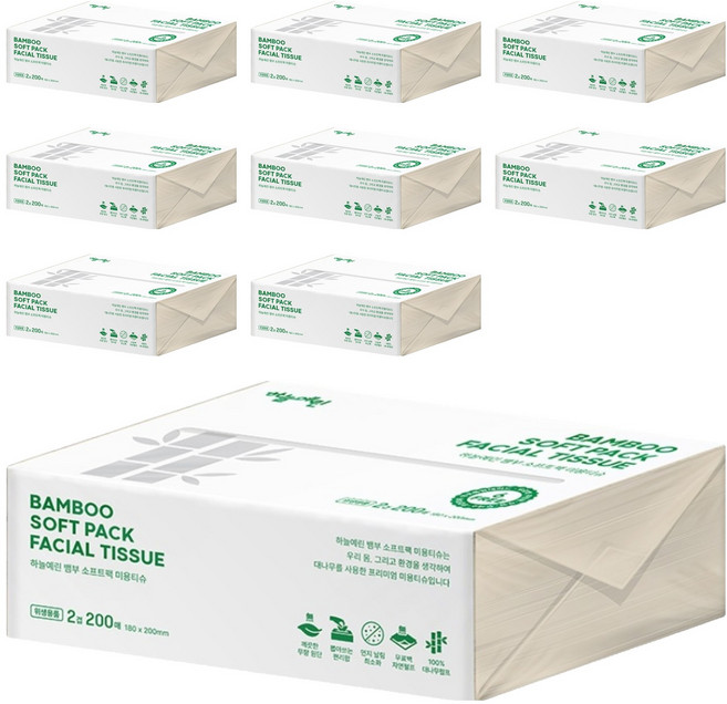 하늘예린 뱀부 소프트팩 미용티슈 2겹, 9개, 200개입