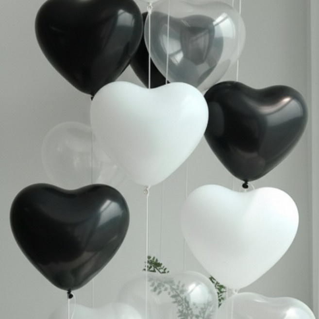 세븐집 생일파티 이벤트 컬러 하트 풍선 2종 x 5p + 스탠드 세트, 화이트(풍선), 블랙(풍선), 1세트