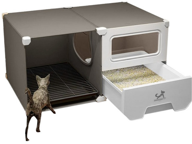 DING DONG PET 貓用抽屜式防落砂貓砂盆, 灰色, 1個