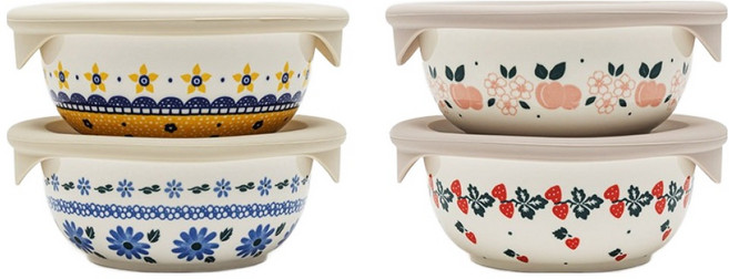 프라카 폴란드풍 도자기 냉동밥용기 4종 세트, 1세트, 450ml