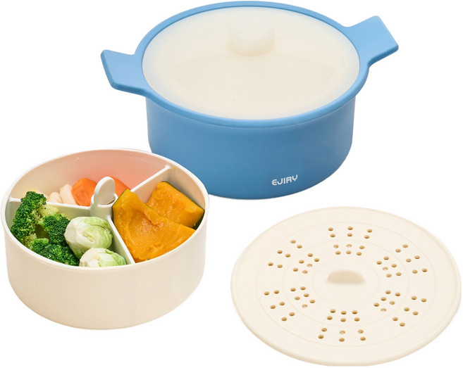 에지리 젤리빈 실리콘 전자레인지 멀티 찜기 1.35L, 블루, 1개, 찜기 + 3분할 트레이 + 스팀찜판 + 뚜껑