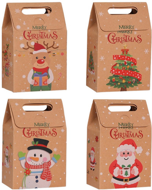 INP 聖誕牛皮紙立式手提盒 4款 x 4入組 中 13.5 x 8 x 20 cm, 混色, 1套