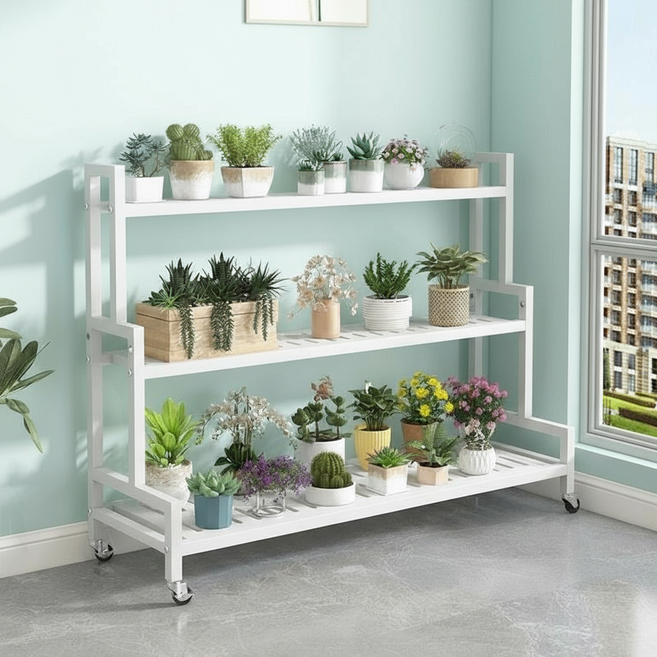 이동식 스텝식 베란다 화분 진열대 120cm, 화이트, 3단