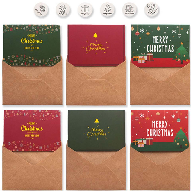 아이엔피 크리스마스 심플 카드 8.5 x 11.5 cm 6종 + 봉투 6p + 스티커 6종 세트 X25-05, 혼합색상, 1세트