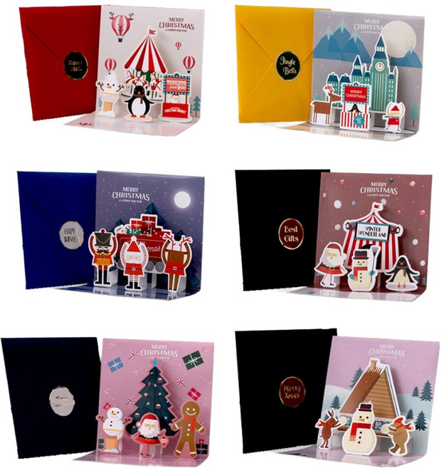 아이엔피 크리스마스 동화속마을 팝업입체 카드 11 x 11 cm 6종 + 봉투 6종 + 스티커 6종 세트 POP-02, 혼합색상, 1세트