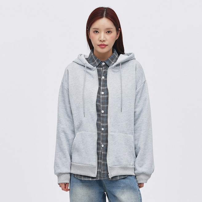 Elsso 大尺碼校服款素色刷毛連帽拉鍊外套