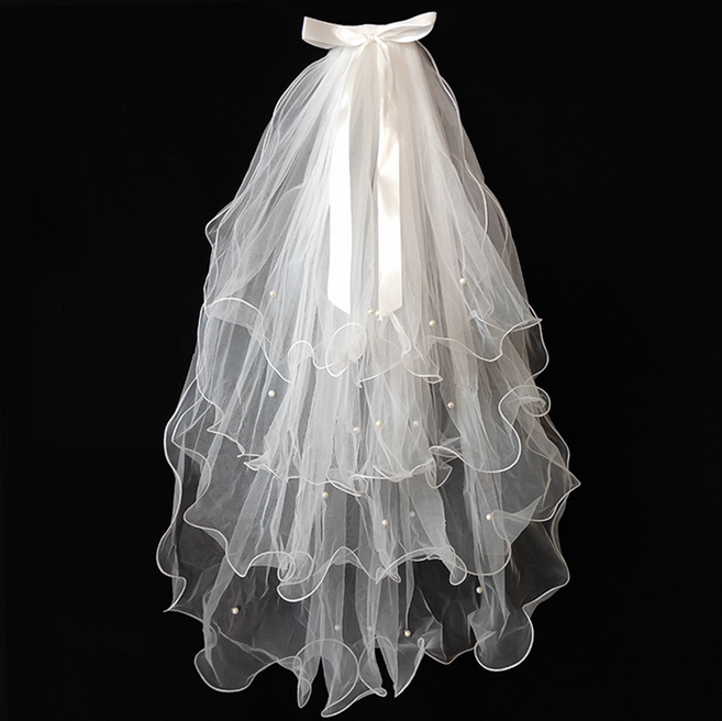 코쿠리 4단 리본 진주 웨이브 워딩 브라이덜 샤워 면사포 5W0824, 1개, 화이트