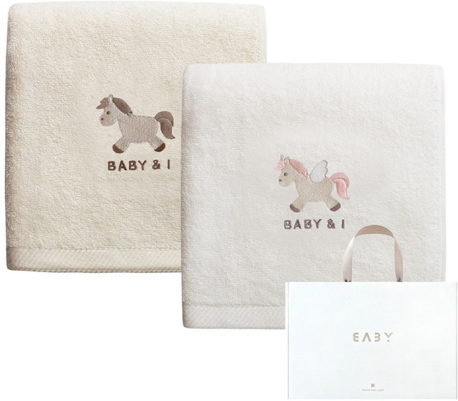 BABY&I 柔軟竹纖維浴巾2件組 + 禮盒組, 小馬, 獨角獸, 1套