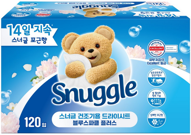 스너글 건조기용 드라이시트 블루스파클 플러스 상쾌한 포근향 본품, 120개입, 1개