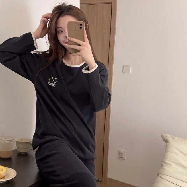 2Estar 女款撞色刷毛圓領居家服睡衣上下套裝