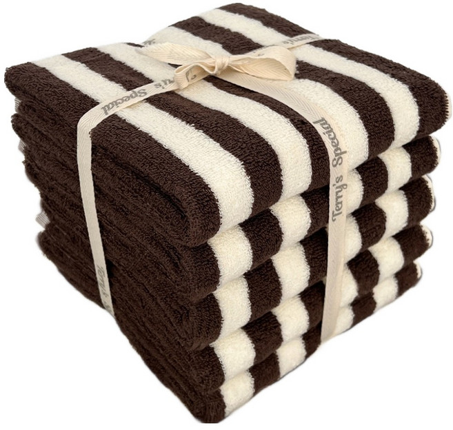 테리파머 스트라이프 디자인 선염 호텔 수건 180g 30수 코마사, 브라운 + 아이보리, 5개