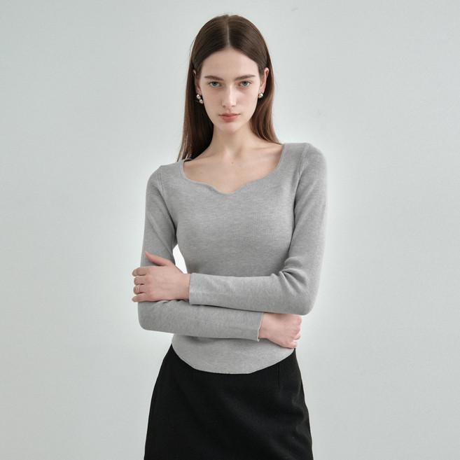 몽돌 여성용 하트 넥 슬림 골지 니트 MDKT120