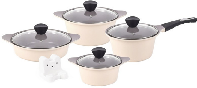 키친웰 벨로스 세라믹 코팅 냄비 5종 뚜껑 랜덤발송, 베이지, 양수냄비 16cm + 편수냄비 18cm + 양수냄비 20cm + 전골냄비 22cm + 토토 다용도 거치대, 1세트