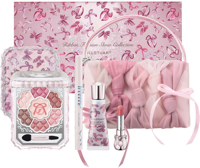 JILLSTUART 假日緞帶時尚秀系列4件組, 1套, 綻放高級訂製眼影 8.5g + 花漾光澤唇膏 1.1g + 光澤打亮液 10ml + 微光眼神液態眼線液 0.4ml + 化妝包