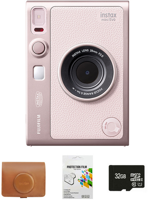 인스탁스 미니에보 즉석카메라 젠틀로즈 + 케이스 가로 브라운 + 메모리카드 32GB + 보호필름 세트 FI038, 1세트