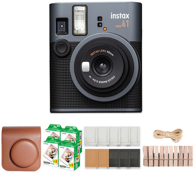 FUJIFILM 富士 instax 即時相機 + 棕色專用相機包 + mini底片 80張 + 紙相框 隨機出貨 + 木製裝飾組 mini 41, 1套