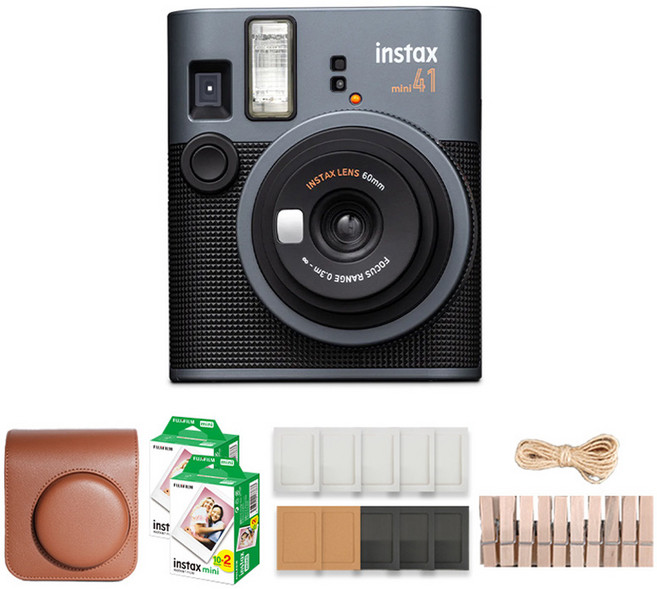FUJIFILM 富士 instax 即時相機 instax mini41 + 專用相機包 棕色 + mini底片 40張 + 相紙相框 + 木製裝飾組合, 1套