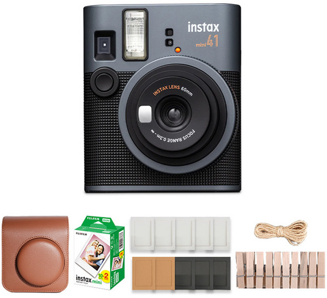 FUJIFILM 富士 instax instax mini 41 即時相機 + 棕色專用相機包 + 迷你底片 20張 + 紙相框隨機出貨 + 木製裝飾組, 1套