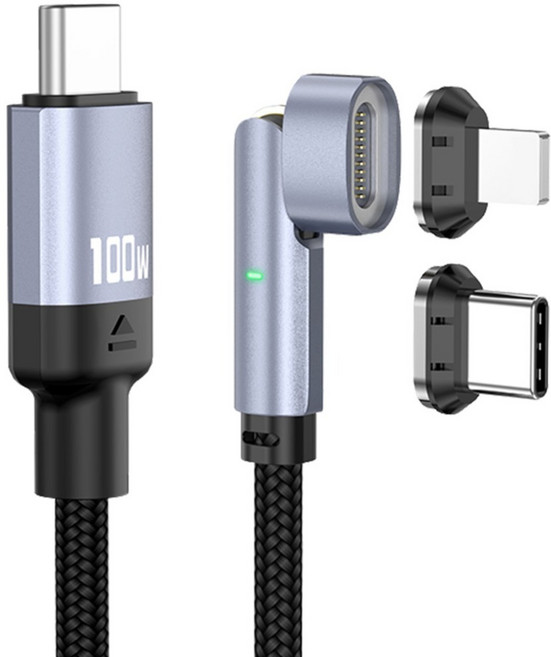 YORI優里 11pin磁吸彎頭充電線+Type C磁吸頭+Lightning磁吸頭, 黑色, 1個, 100cm