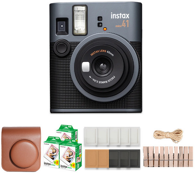 FUJIFILM 富士 instax mini 41 拍立得相機 黑色 + 專用相機包 棕色 + mini底片 60張 + 紙相框 隨機出貨 + 木製裝飾組, 1套, 單一商品