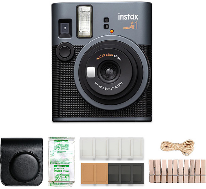 FUJIFILM 富士 instax instax mini 41 拍立得相機 黑色 + 專用相機包 黑色 + 迷你底片 10張 + 紙相框 隨機出貨 + 木製裝飾組, 1套