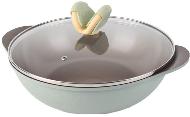 키친웰 인덕션 위드 IH 브이쿡 세라믹 코팅 파티웍 + 유리뚜껑 세트, 1세트, 그린, 28cm