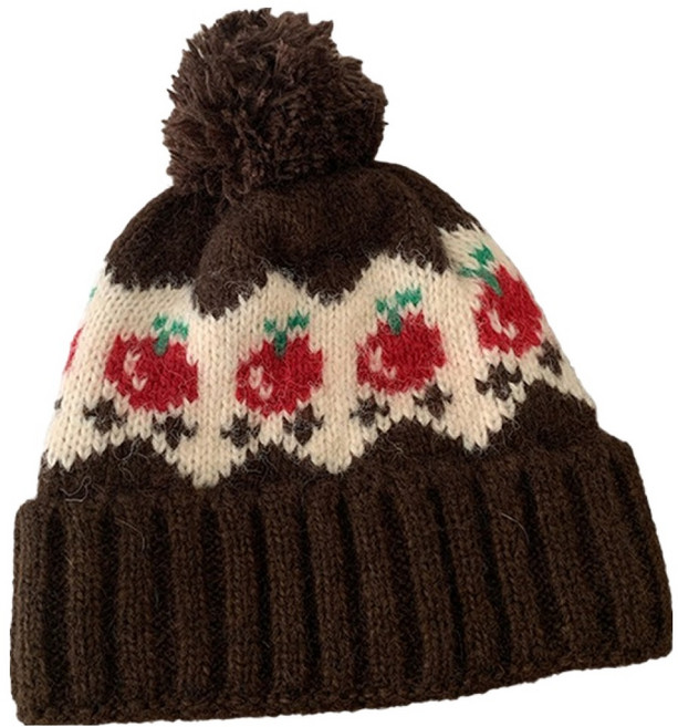 따봉오빠 스키 스포츠 레트로 체리 니트 방울 모자 JNHA2189, 다크브라운, 1개