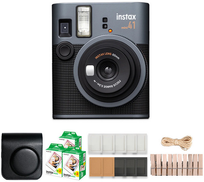 FUJIFILM 富士 instax mini 41 拍立得相機 + 專用相機包 黑色 + mini底片 60張 + 紙相框 隨機出貨 10張 + 木頭裝飾 10個 套組, 1套, 單一商品