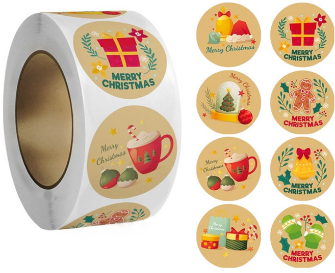 아이엔피 크라프트아이콘B 크리스마스 롤 원형 스티커 2.5cm 8종 x 60p 세트 B-58, 혼합색상, 1세트