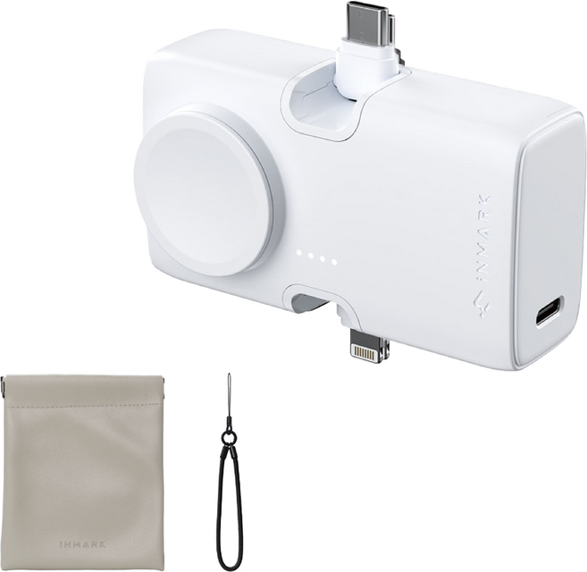 iNMARK 創麥科技 小方塊行動電源 三合一快充版 5000mAh USB-C + Lightning 附掛繩 + 收納袋 + 充電線, 天使白, GCBW01