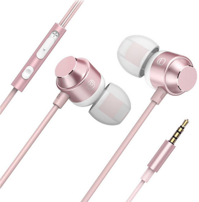 DTAudio 重低音磁吸線控耳機 3.5mm 機線夾 + 耳帽 3組 + 收納包, 玫瑰金, K9-A04