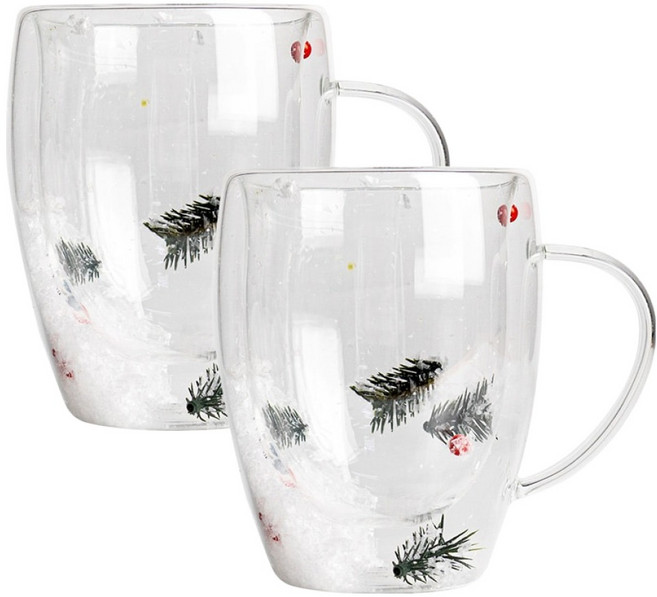 코지테이블 크리스마스 선물 투명 이중 유리 홈카페 머그컵 350ml, 짧은솔잎, 2개