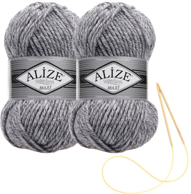 alize 슈퍼라나 뜨개실 100g 2p + 비니 뜨기 도안 + 대바늘 세트, 801, 1세트