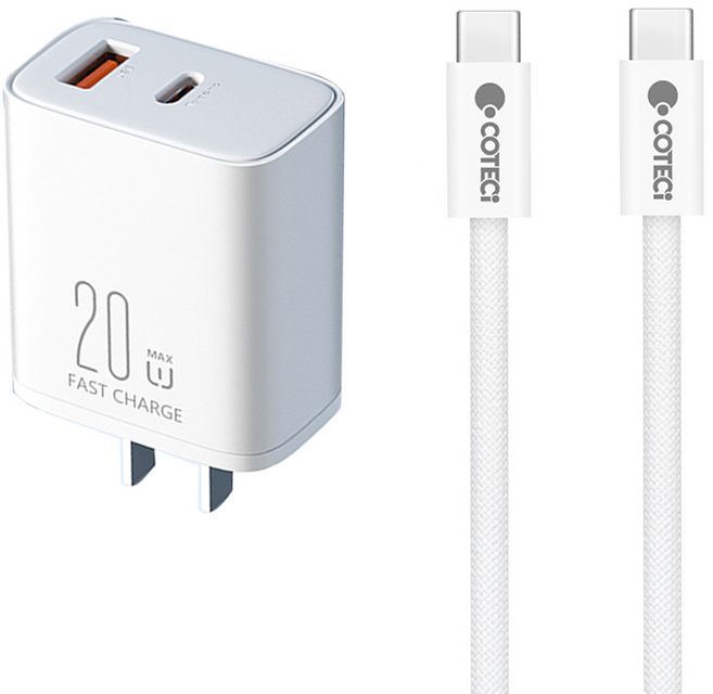 哥特斯 20W PD快充雙孔充電器套組 附Type-C to Type-C充電線 2m, 白色, 1個