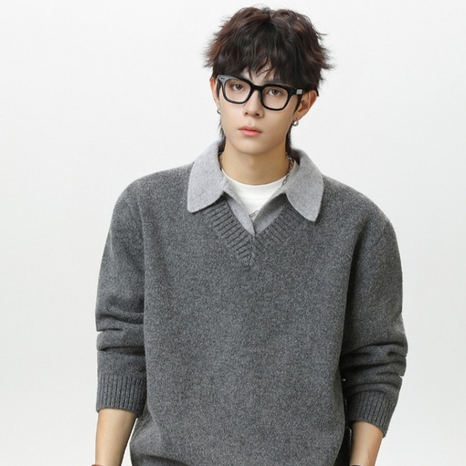 제이티엘 남성용 올드머니룩 딥브이 레이어드 카라 니트