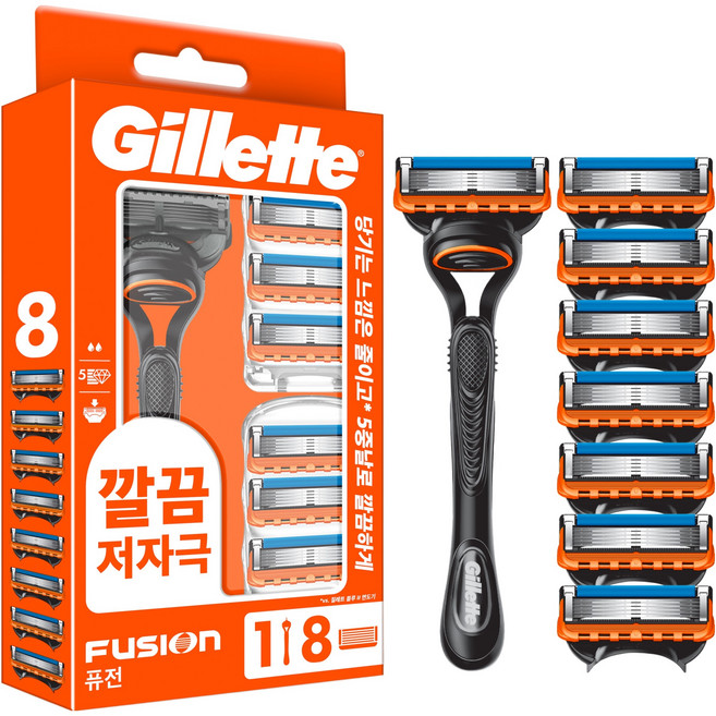 질레트 퓨전 5중 서스펜션 면도기 세트, 1세트, 핸들 + 면도날 8p