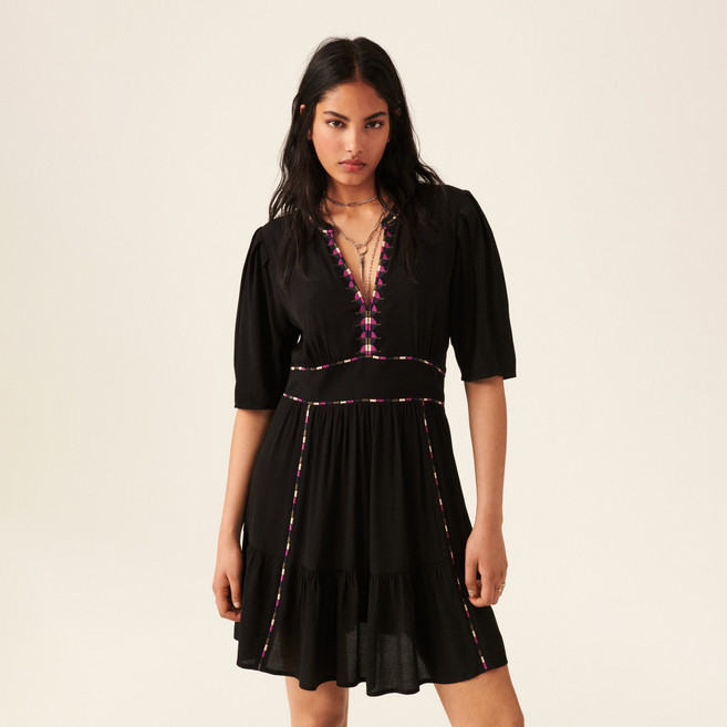 ba&sh 女款刺繡拼色五分袖連身裙 BK00S, 黑色