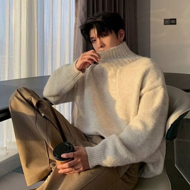 제이티엘 남성용 하이넥 카라 포인트 단추 터틀 박시 니트